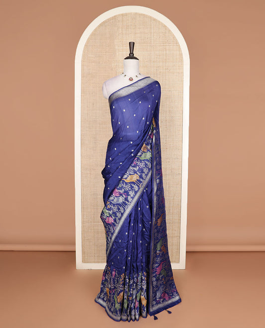 Royal blue floral, and swan meenakari design Matka silk saree, traditional border, and pallu of swan, and floral designs