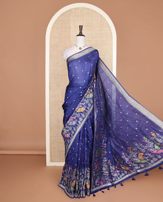 Royal blue floral, and swan meenakari design Matka silk saree, traditional border, and pallu of swan, and floral designs