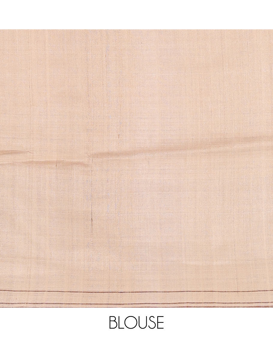 Blue heathered tussar silk saree, contrast striped border, and contrast striped pallu