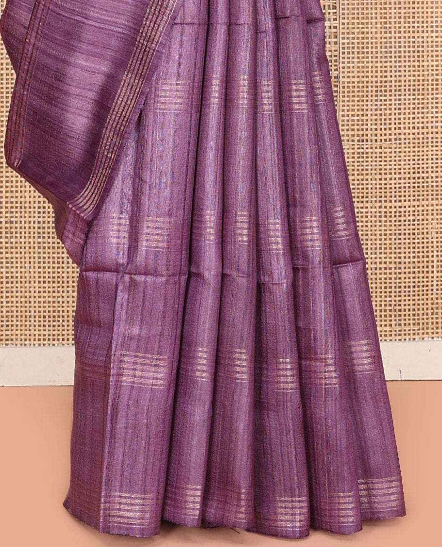 Borderless Purple Tussar Silk Saree, Delicately Woven with Zari Checked Design on Its Body, a Self-Pallu, and Paired with a Matching Blouse