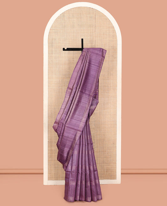 Borderless Purple Tussar Silk Saree, Delicately Woven with Zari Checked Design on Its Body, a Self-Pallu, and Paired with a Matching Blouse