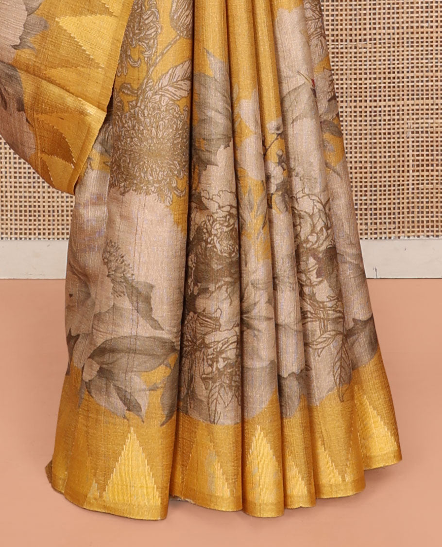 Yellow Tussar Silk Saree, Prettified with Tropical Floral Print, Temple Border, Striped Pallu, and a Matching Blouse