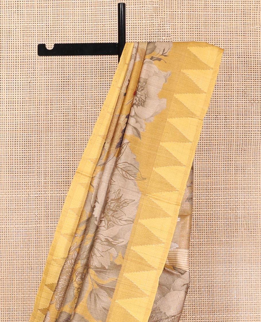 Yellow Tussar Silk Saree, Prettified with Tropical Floral Print, Temple Border, Striped Pallu, and a Matching Blouse