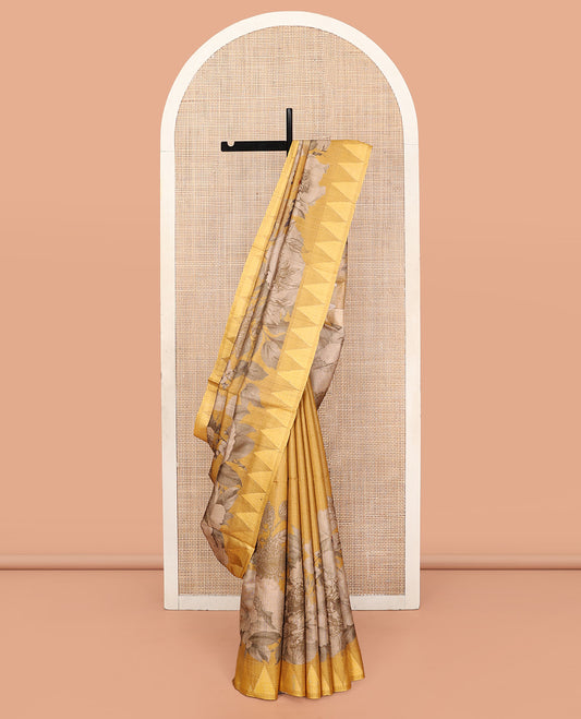 Yellow Tussar Silk Saree, Prettified with Tropical Floral Print, Temple Border, Striped Pallu, and a Matching Blouse