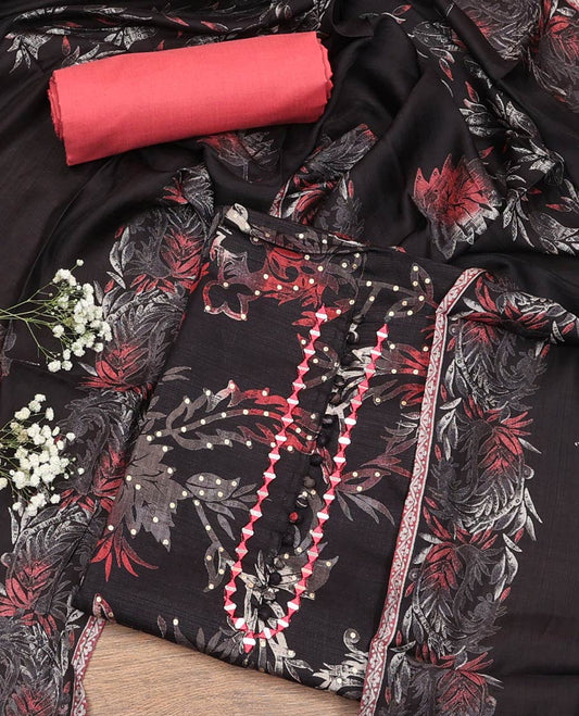Black Material Chudidar Set, Beautified with Leaf-Floral Printed Rayon Top, Captivating Contrast Plain Rayon Bottom, and Paired with Leaf-Floral Printed Chanderi Silk Dupatta