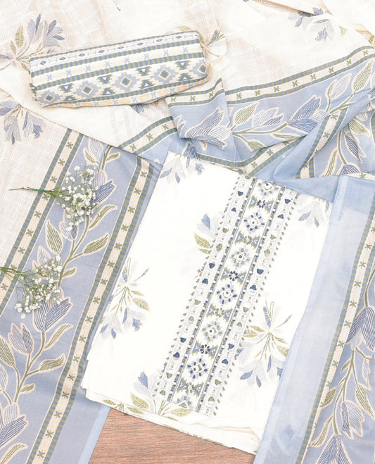 White Cotton Material Churidar Set, Delicately Woven with Floral Motif Print and Neck Top, Printed Bottom, and a Floral Printed Dupatta