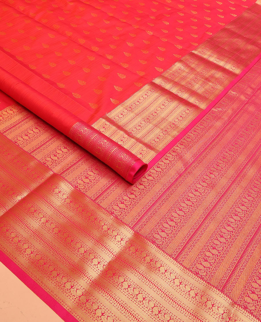 Red Vasundhara Lite Silk Mix Saree Embellished with Zari Buttas, Featuring a Contrast Border with Rekku, Neli, Manga, and Mayil Designs, with the Pallu Mirroring the Same Border Motifs, Paired with a Contrast Blouse