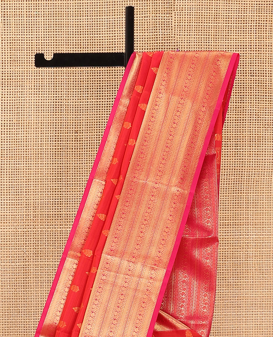 Red Vasundhara Lite Silk Mix Saree Embellished with Zari Buttas, Featuring a Contrast Border with Rekku, Neli, Manga, and Mayil Designs, with the Pallu Mirroring the Same Border Motifs, Paired with a Contrast Blouse