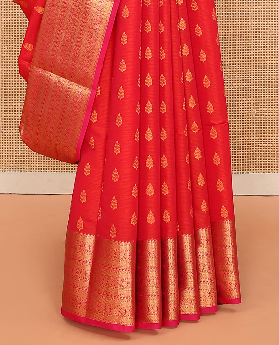 Red Vasundhara Lite Silk Mix Saree Embellished with Zari Buttas, Featuring a Contrast Border with Rekku, Neli, Manga, and Mayil Designs, with the Pallu Mirroring the Same Border Motifs, Paired with a Contrast Blouse