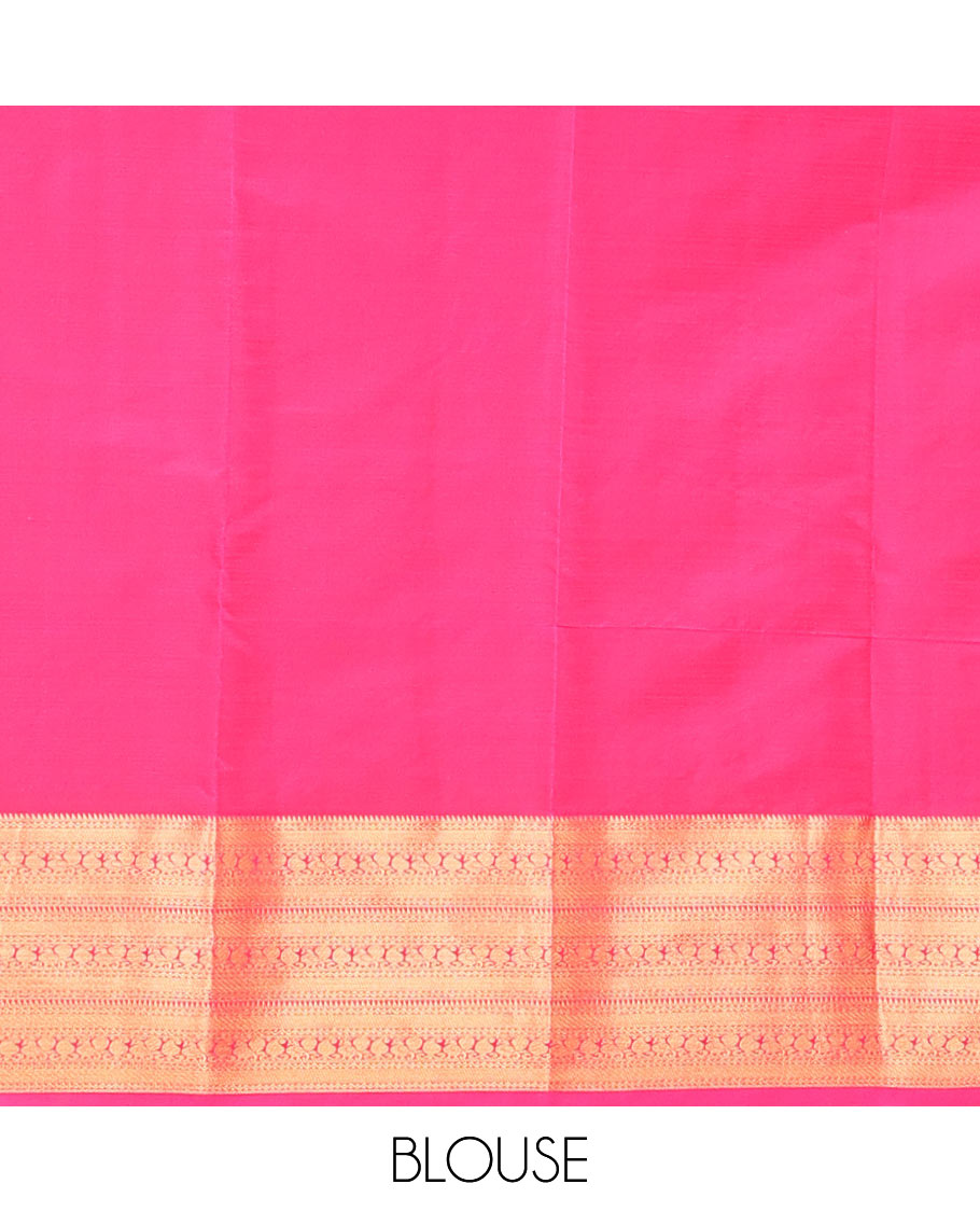 Red Vasundhara Lite Silk Mix Saree Embellished with Zari Buttas, Featuring a Contrast Border with Rekku, Neli, Manga, and Mayil Designs, with the Pallu Mirroring the Same Border Motifs, Paired with a Contrast Blouse