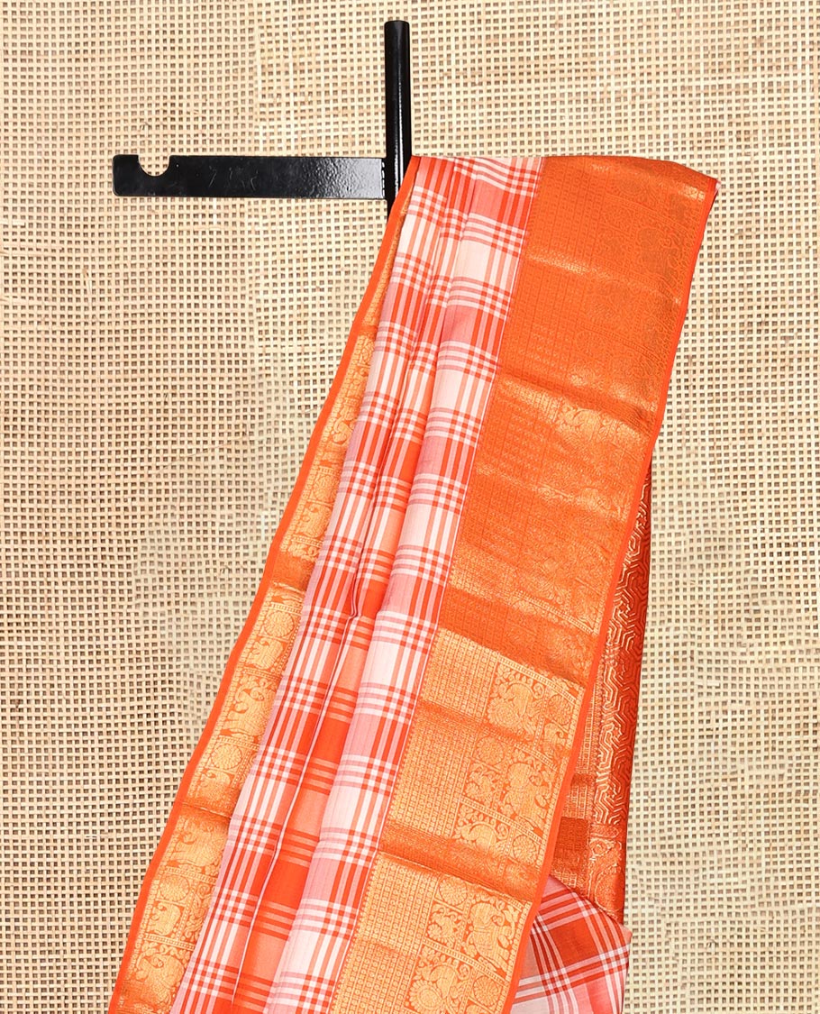 Orange-White Checked Vasundhara Lite Silk Mix Saree, a Zari Border of Mayil, Chakram, and Yaanai Designs, Grand Pallu, and a Matching Blouse