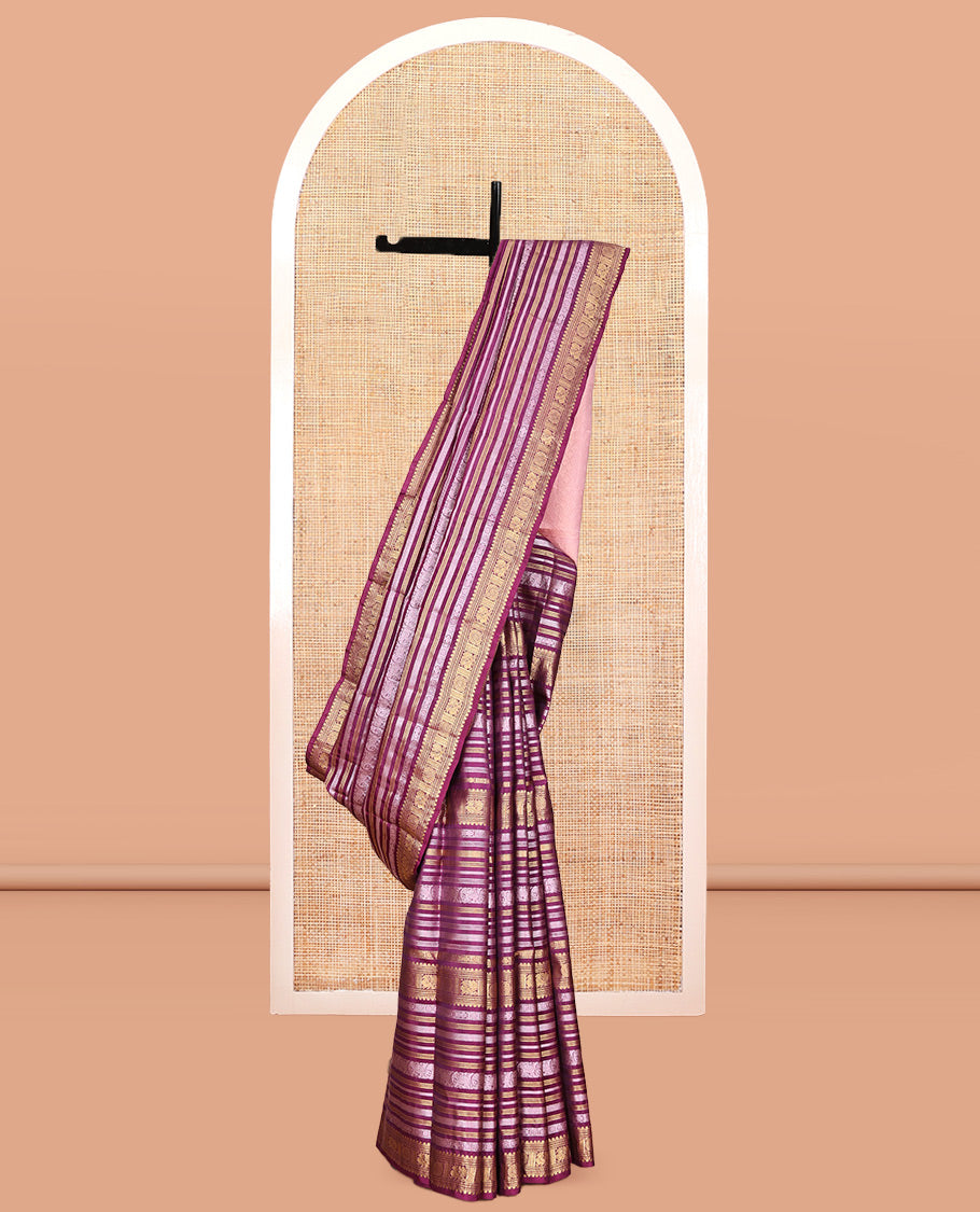 Purple Vasundhara Lite Silk Mix Saree, Adorned with Traditional Jacquard Design, a Zari Border of Thilakam Mokku, Neli, Chakram, and Mayil Designs, Contrast Jaal Pallu, and a Contrast Blouse
