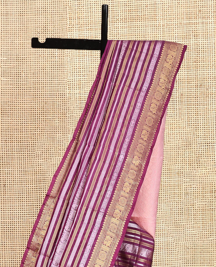 Purple Vasundhara Lite Silk Mix Saree, Adorned with Traditional Jacquard Design, a Zari Border of Thilakam Mokku, Neli, Chakram, and Mayil Designs, Contrast Jaal Pallu, and a Contrast Blouse