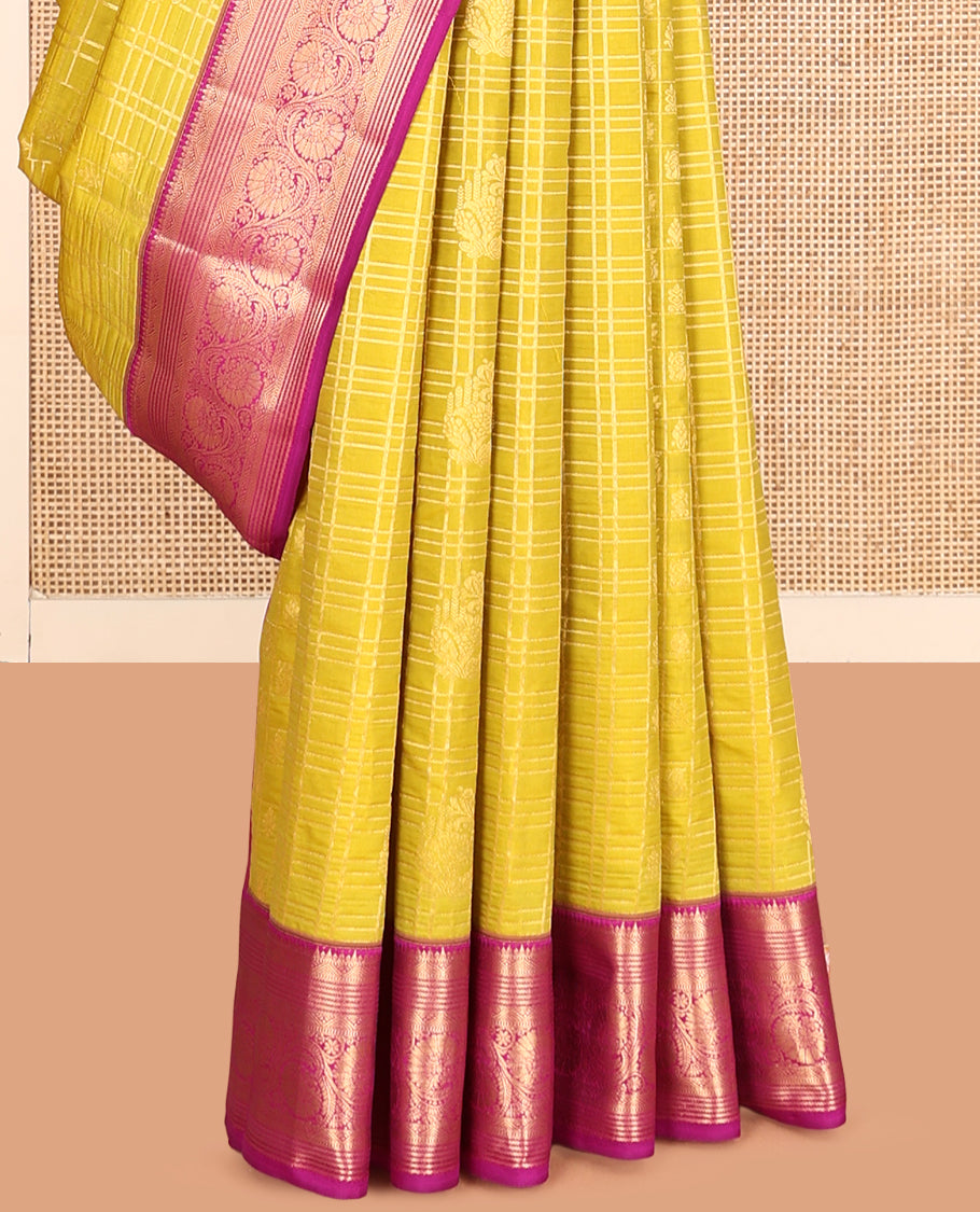 Yellow Vasundhara Lite Silk Mix Saree, Subtly Sparkled with Butta Enclosed Checks, a Contrast Border of Rekku and Kodi Visiry Designs, Jaal Pallu, and a Contrast Blouse