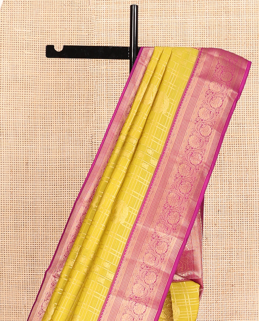 Yellow Vasundhara Lite Silk Mix Saree, Subtly Sparkled with Butta Enclosed Checks, a Contrast Border of Rekku and Kodi Visiry Designs, Jaal Pallu, and a Contrast Blouse