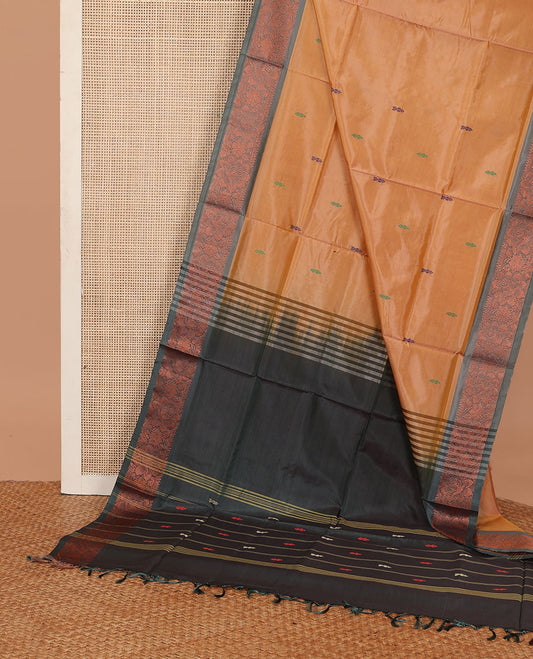 Yellow banana pith saree with thread woven buttas, contrast floral design zari border, and pallu of stripes, and buttas