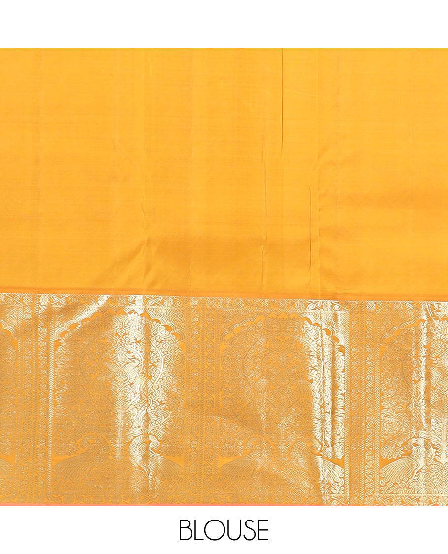 Pink zari design silk saree, contrast tree of life-style motifs woven border of peacocks, and zari-rich jaal pallu