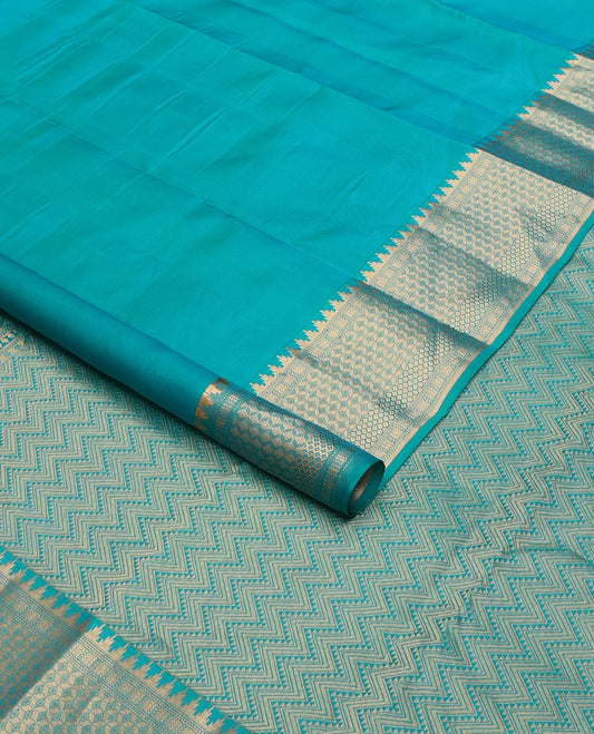 Blue zari buttas silksaree, chevron design pallu & zari border of rekku, muthu, banaras, vanki & zari designs