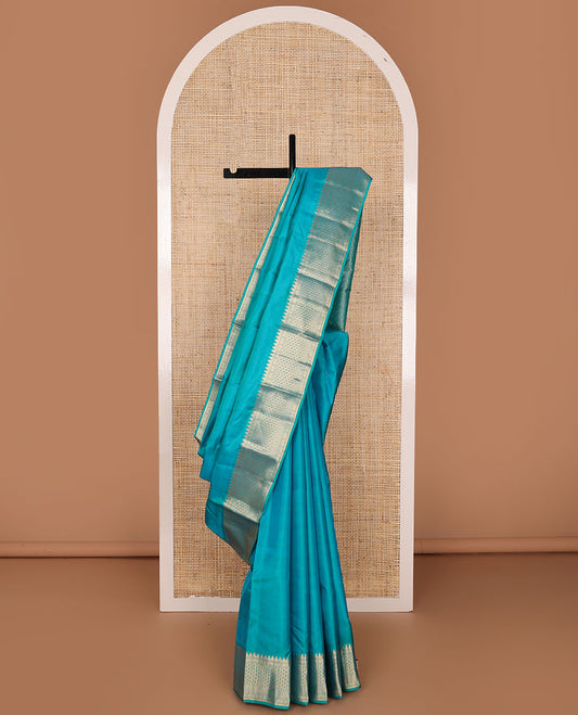 Blue zari buttas silksaree, chevron design pallu & zari border of rekku, muthu, banaras, vanki & zari designs