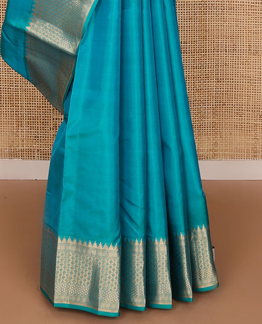 Blue zari buttas silksaree, chevron design pallu & zari border of rekku, muthu, banaras, vanki & zari designs