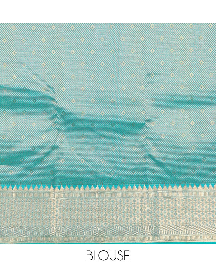 Blue zari buttas silksaree, chevron design pallu & zari border of rekku, muthu, banaras, vanki & zari designs