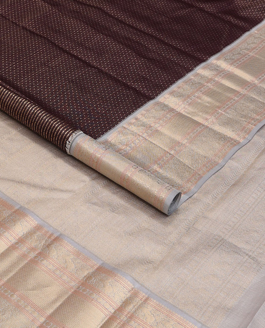 Brown zari buttas silk saree, contrast intricate pallu & border of salangai,mayil,rudraksham & mayil kann