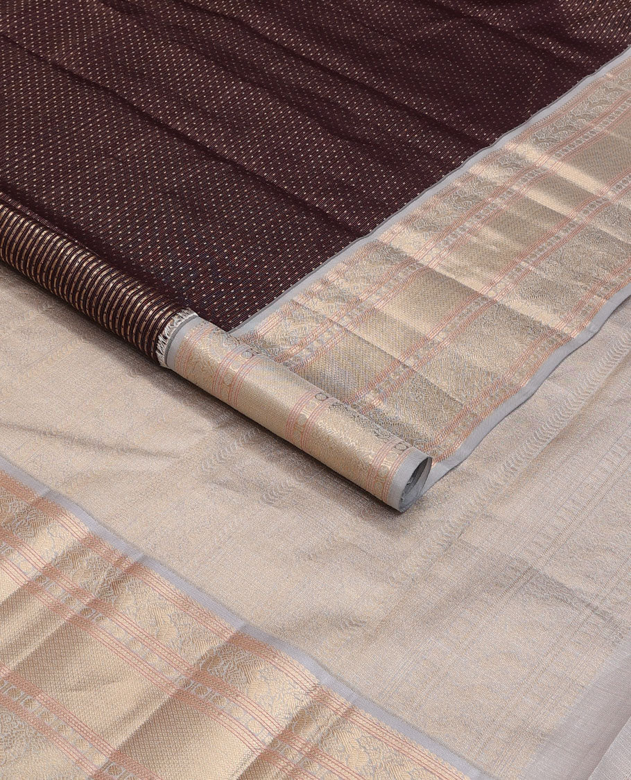 Brown zari buttas silk saree, contrast intricate pallu & border of salangai,mayil,rudraksham & mayil kann