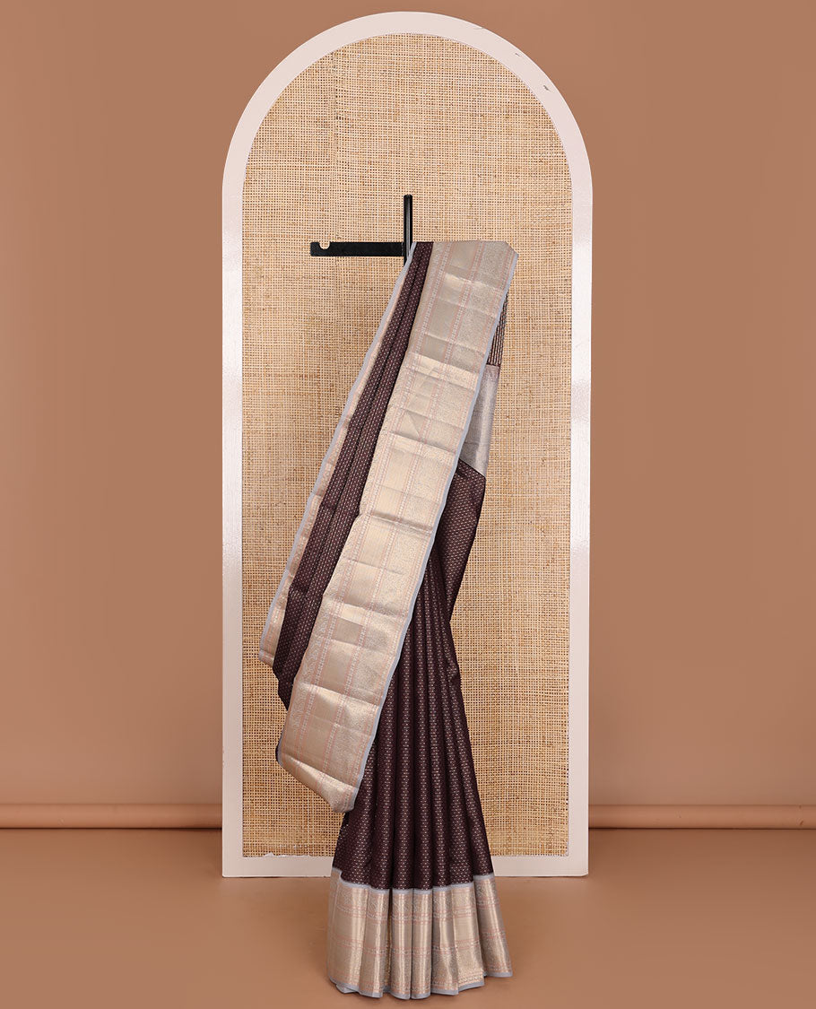 Brown zari buttas silk saree, contrast intricate pallu & border of salangai,mayil,rudraksham & mayil kann