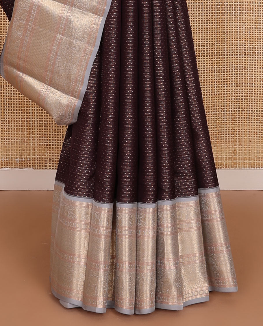 Brown zari buttas silk saree, contrast intricate pallu & border of salangai,mayil,rudraksham & mayil kann