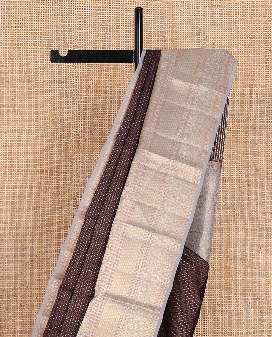 Brown zari buttas silk saree, contrast intricate pallu & border of salangai,mayil,rudraksham & mayil kann