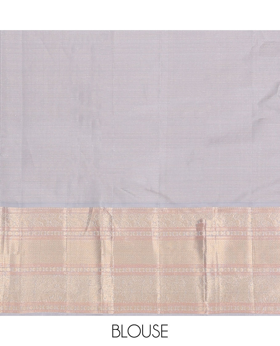 Brown zari buttas silk saree, contrast intricate pallu & border of salangai,mayil,rudraksham & mayil kann