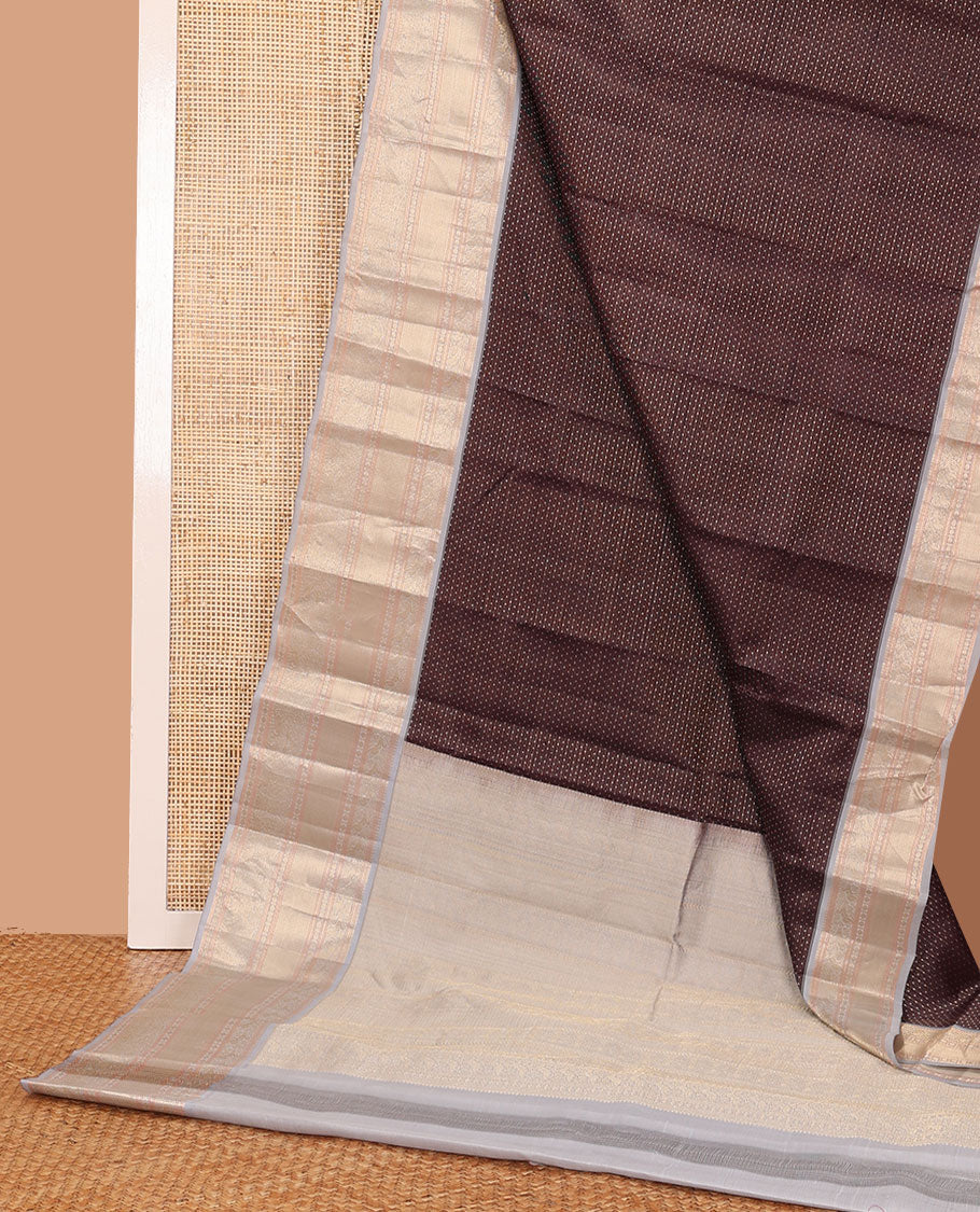 Brown zari buttas silk saree, contrast intricate pallu & border of salangai,mayil,rudraksham & mayil kann