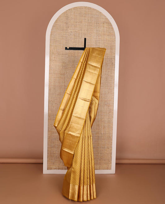 Mustard jacquard wedding silk saree, zari border of salngai, manga, jaal, muthu & mayil kann & intricate pallu