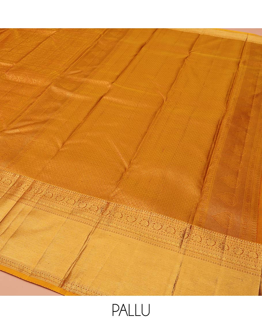 Gold Kanchipuram Wedding Silk Saree, Richly Detailed with Jacquard Design On Its Body, Highlighted by Zari Border of Rekku, Poun, Kodi Visiry, and Diamond Designs, Grand Jaal Pallu and Paired with a Matching Blouse