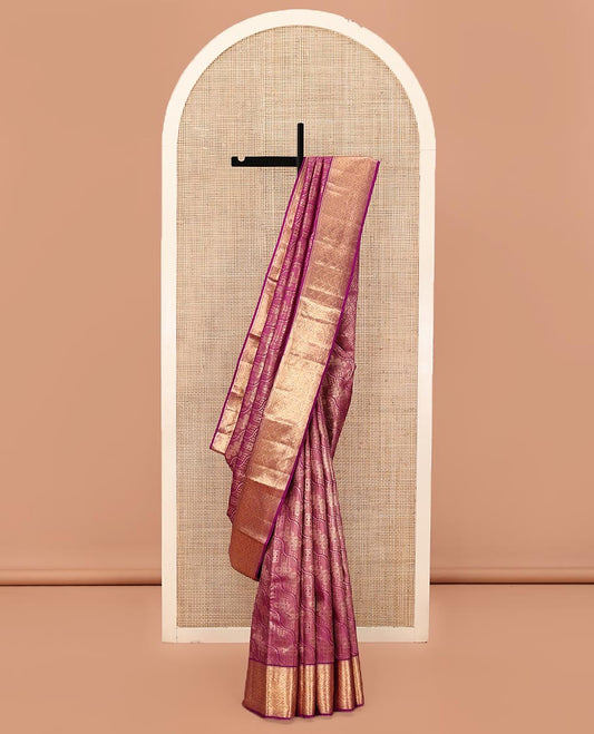 Purple Kanchipuram Wedding Silk Saree, Majestically Detailed with Jacquard Designs on Its Body, Highlighted by a Zari Border of Geometric Designs, Grand Jaal Pallu, and Paired with a Matching Blouse