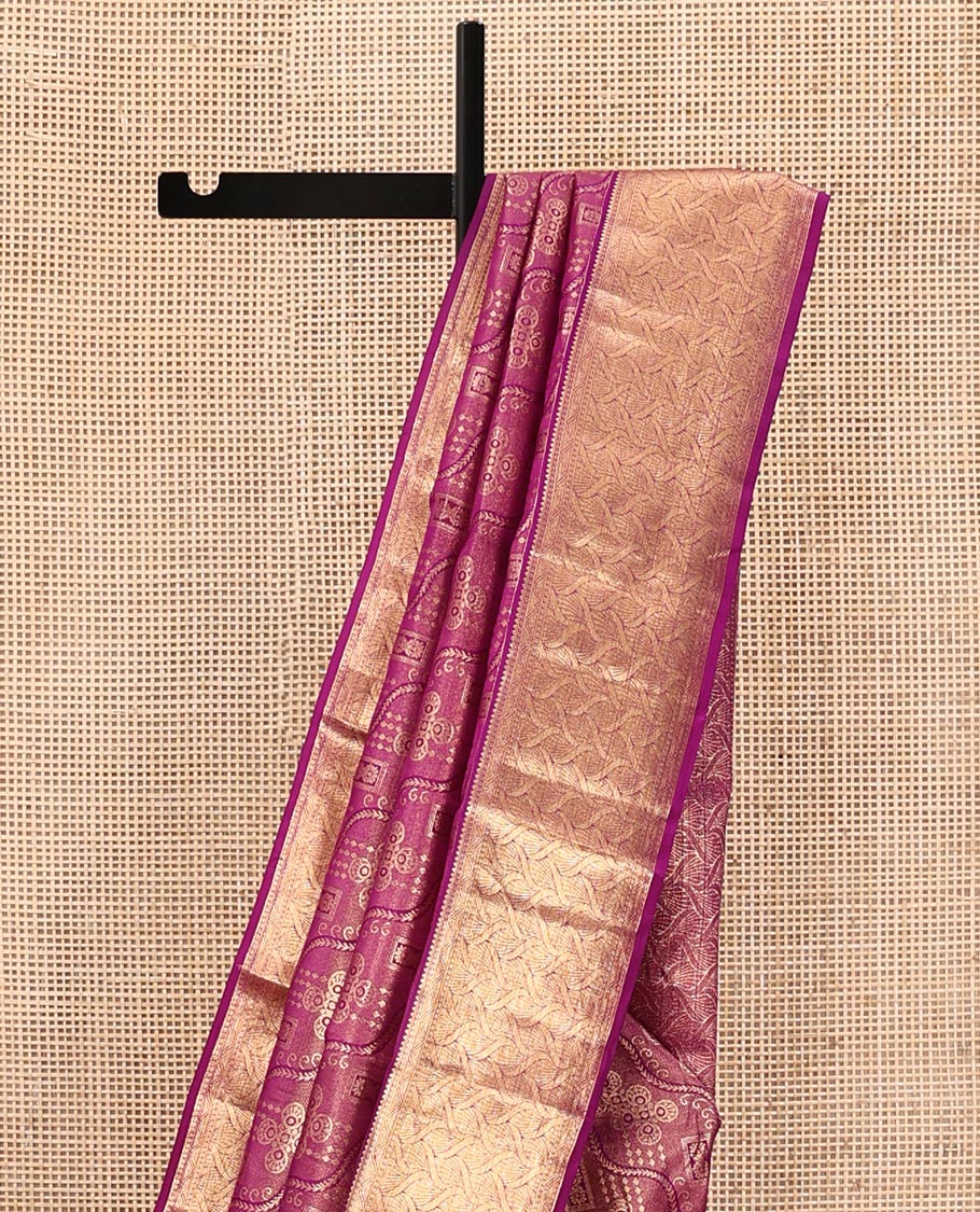 Purple Kanchipuram Wedding Silk Saree, Majestically Detailed with Jacquard Designs on Its Body, Highlighted by a Zari Border of Geometric Designs, Grand Jaal Pallu, and Paired with a Matching Blouse