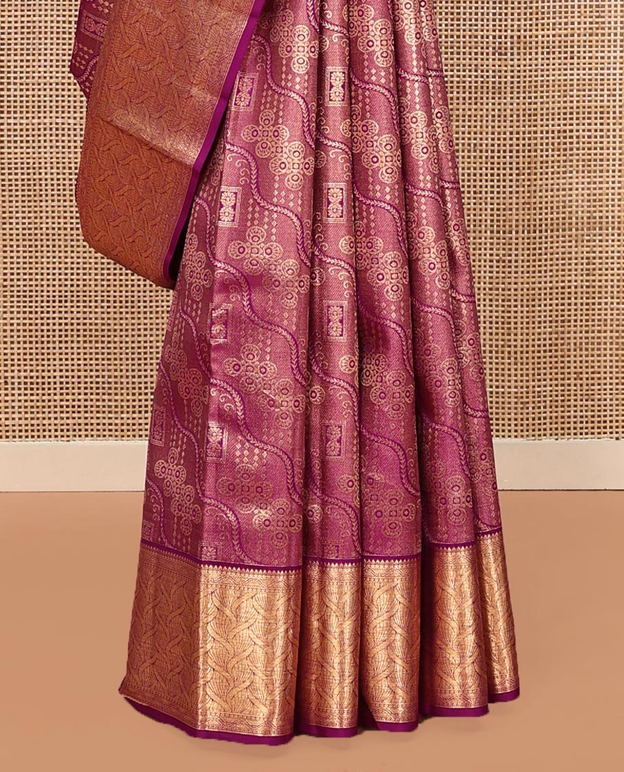 Purple Kanchipuram Wedding Silk Saree, Majestically Detailed with Jacquard Designs on Its Body, Highlighted by a Zari Border of Geometric Designs, Grand Jaal Pallu, and Paired with a Matching Blouse