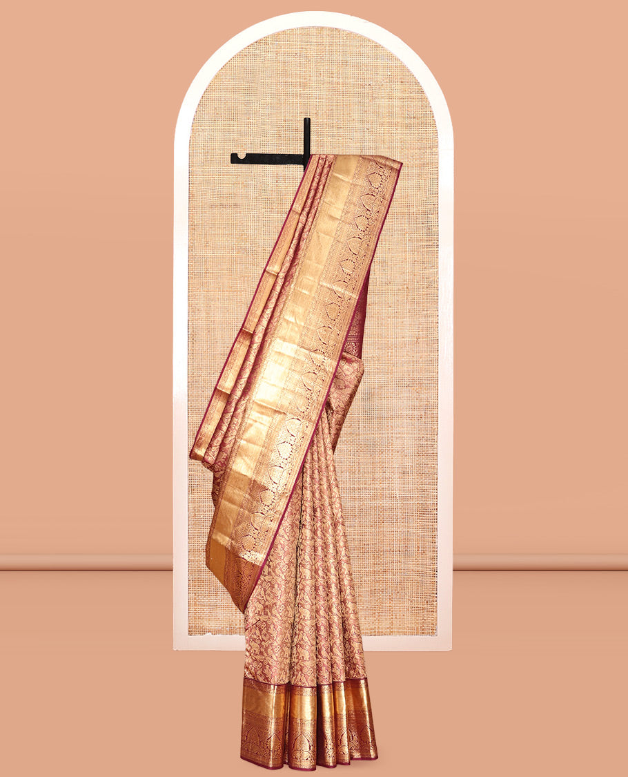 Light Maroon Kanchipuram Wedding Silk Saree, Elevated with Vanasingaram Jacquard Design, a Traditional Zari Design Border, Jaal Pallu, and a Matching Blouse