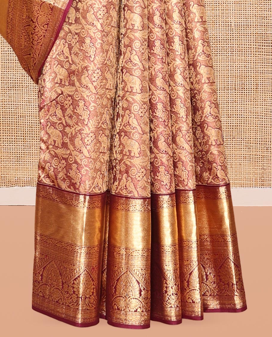 Light Maroon Kanchipuram Wedding Silk Saree, Elevated with Vanasingaram Jacquard Design, a Traditional Zari Design Border, Jaal Pallu, and a Matching Blouse