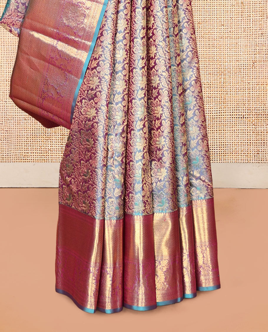 Blue Kanchipuram Wedding Silk Saree, Decorated with Jacquard Design, a Kodi Visiry Zari Border, a Grand Jaal Pallu, and a Matching Blouse