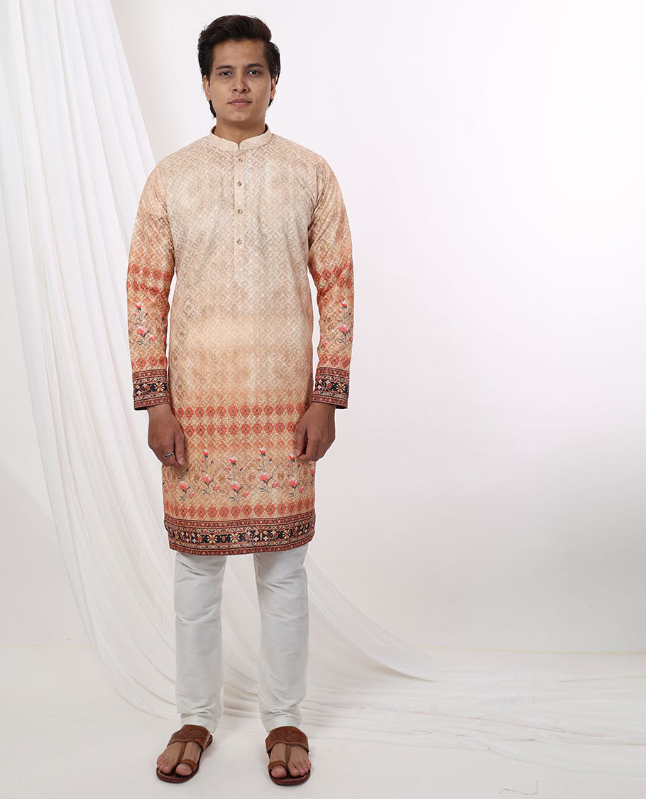 sandal floral jaal embroidered mandarin collar & full-sleeve long raw silk kurta 