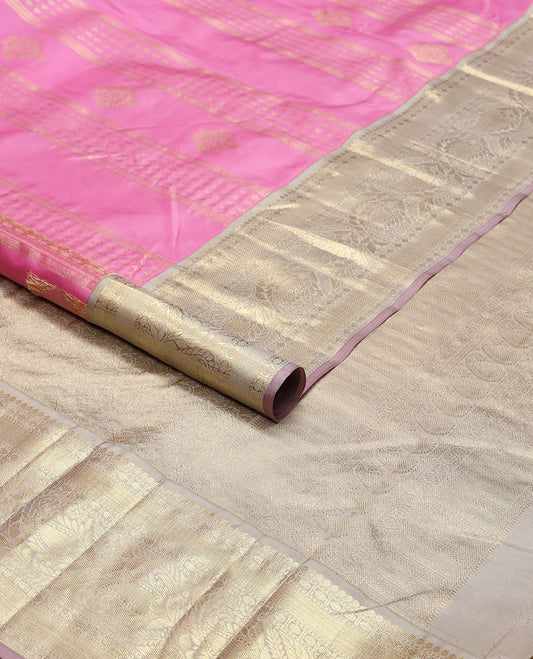 Light pink floral design silk saree with contrast korvai zari design border & intricate zari design pallu