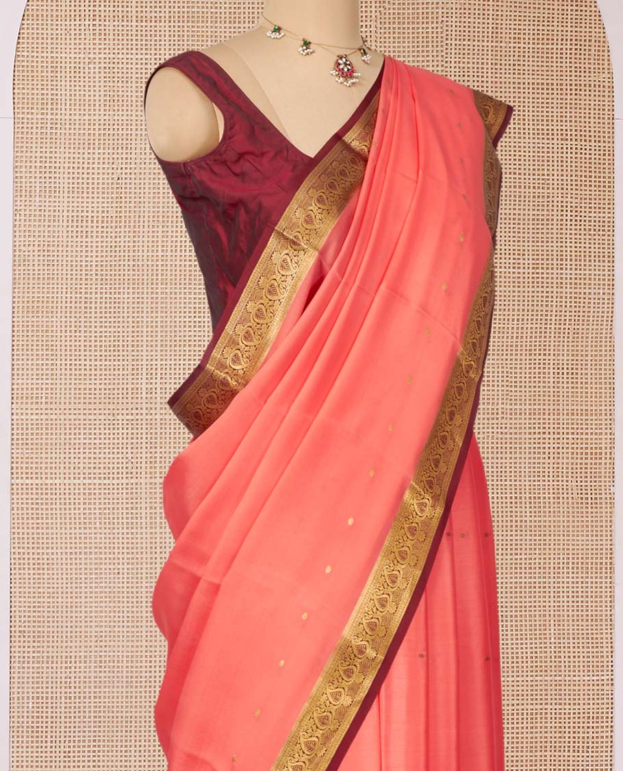 Peach Mysore Silk Saree, Embellished with Zari Buttas All Over Its Body, Complemented by a Contrast Traditional Zari Design Border, Zari-Buttas Woven Pallu, and Paired with a Contrast Blouse