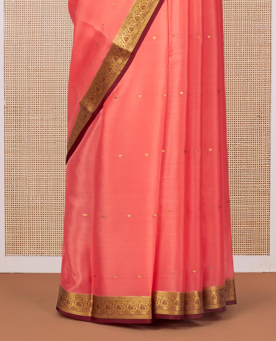 Peach Mysore Silk Saree, Embellished with Zari Buttas All Over Its Body, Complemented by a Contrast Traditional Zari Design Border, Zari-Buttas Woven Pallu, and Paired with a Contrast Blouse