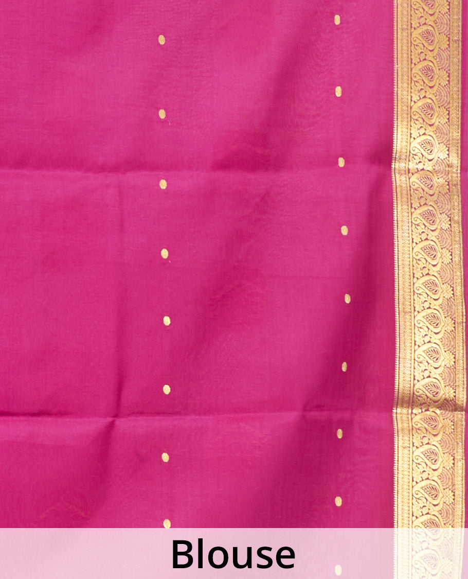Orange Mysore Silk Saree, Finely Crafted with Zari Buttas All Over Its Body, Complemented by a Contrast Traditional Zari Design Border, Zari-Buttas Woven Pallu, and Paired with a Contrast Blouse