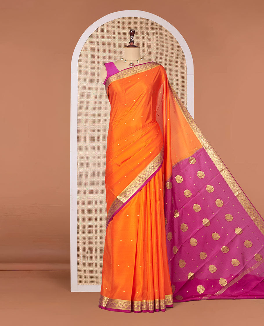 Orange Mysore Silk Saree, Finely Crafted with Zari Buttas All Over Its Body, Complemented by a Contrast Traditional Zari Design Border, Zari-Buttas Woven Pallu, and Paired with a Contrast Blouse