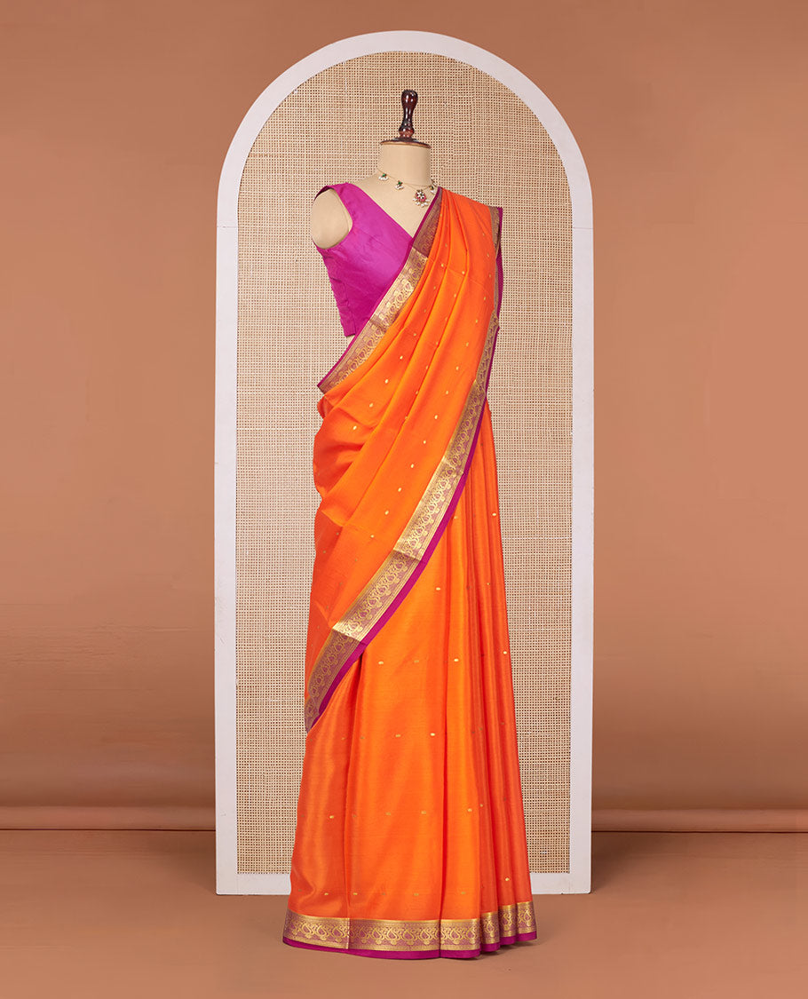 Orange Mysore Silk Saree, Finely Crafted with Zari Buttas All Over Its Body, Complemented by a Contrast Traditional Zari Design Border, Zari-Buttas Woven Pallu, and Paired with a Contrast Blouse