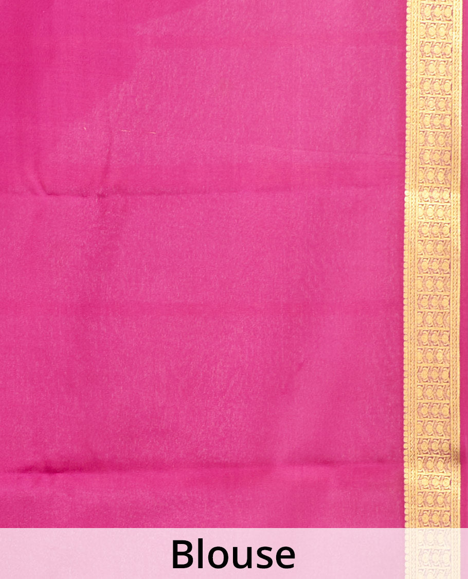 Orange Plain Mysore Silk Saree, Complemented by a Contrast Traditional Zari Design Border, Zari Striped Pallu, and Paired with a Contrast Blouse