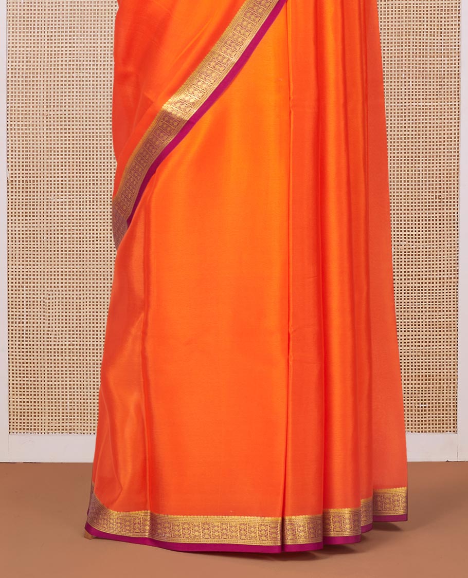 Orange Plain Mysore Silk Saree, Complemented by a Contrast Traditional Zari Design Border, Zari Striped Pallu, and Paired with a Contrast Blouse