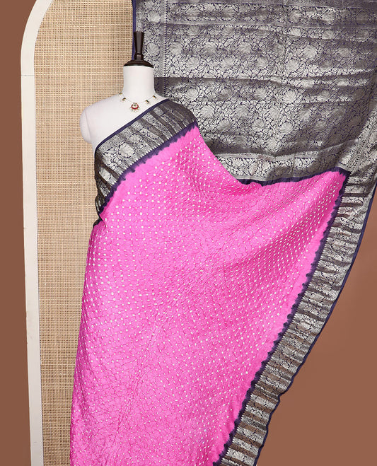 Pink bhandani kathan silk saree with contrast zari design border & floral design pallu